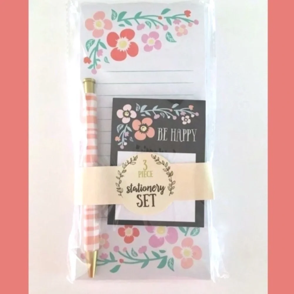 Stationery Set Pen List Pad Notes Be Happy Floral Garden Party Spring Desk Decor